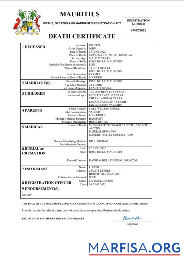 Printable Mauritius death certificate Word and PDF template, completely editable
